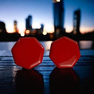 Vintage Red Hexagon Metal Clip-On Stud Button Earrings - Retro 80s